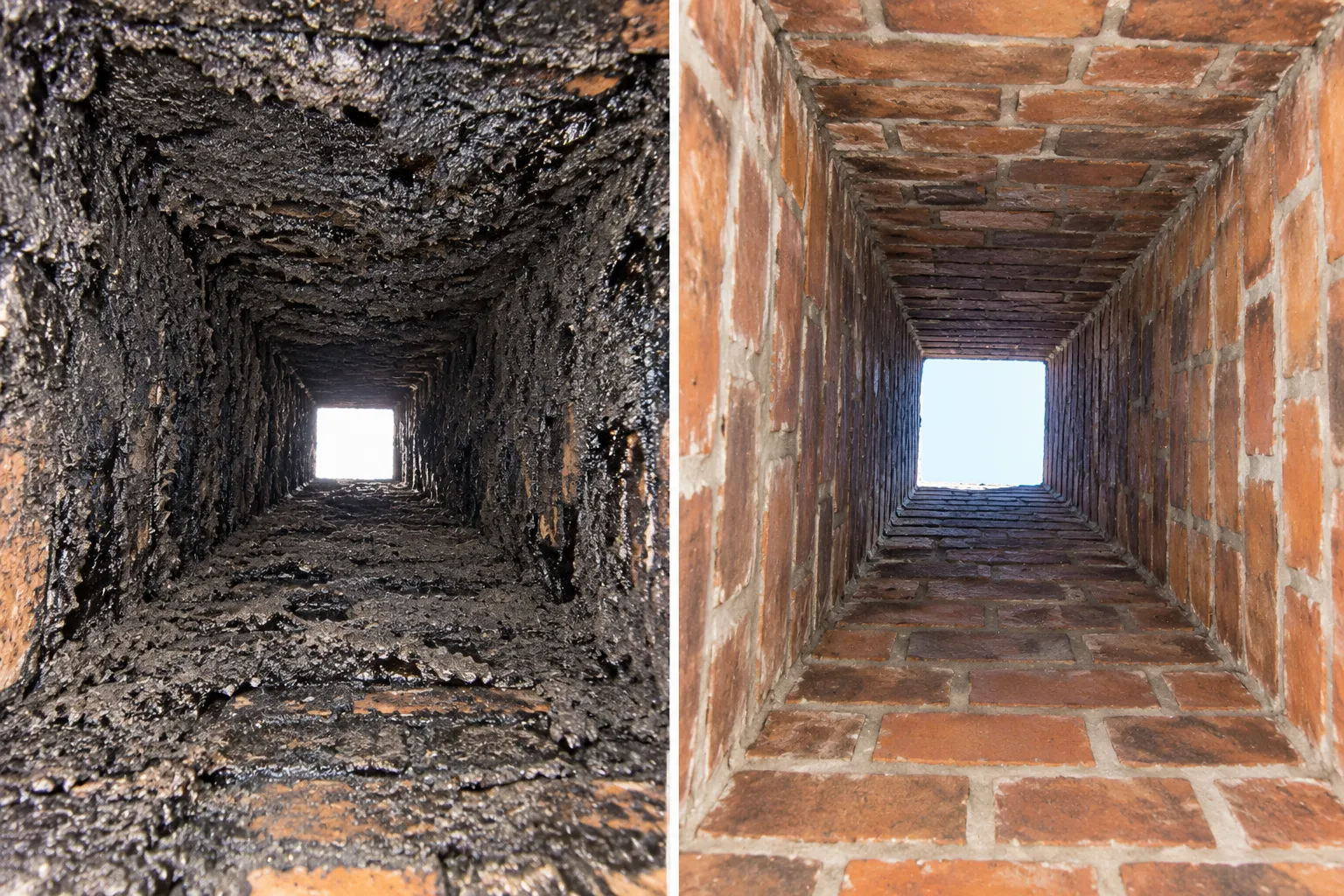 Illustration: a chimney flue coated in creosote next to a clean brick flue