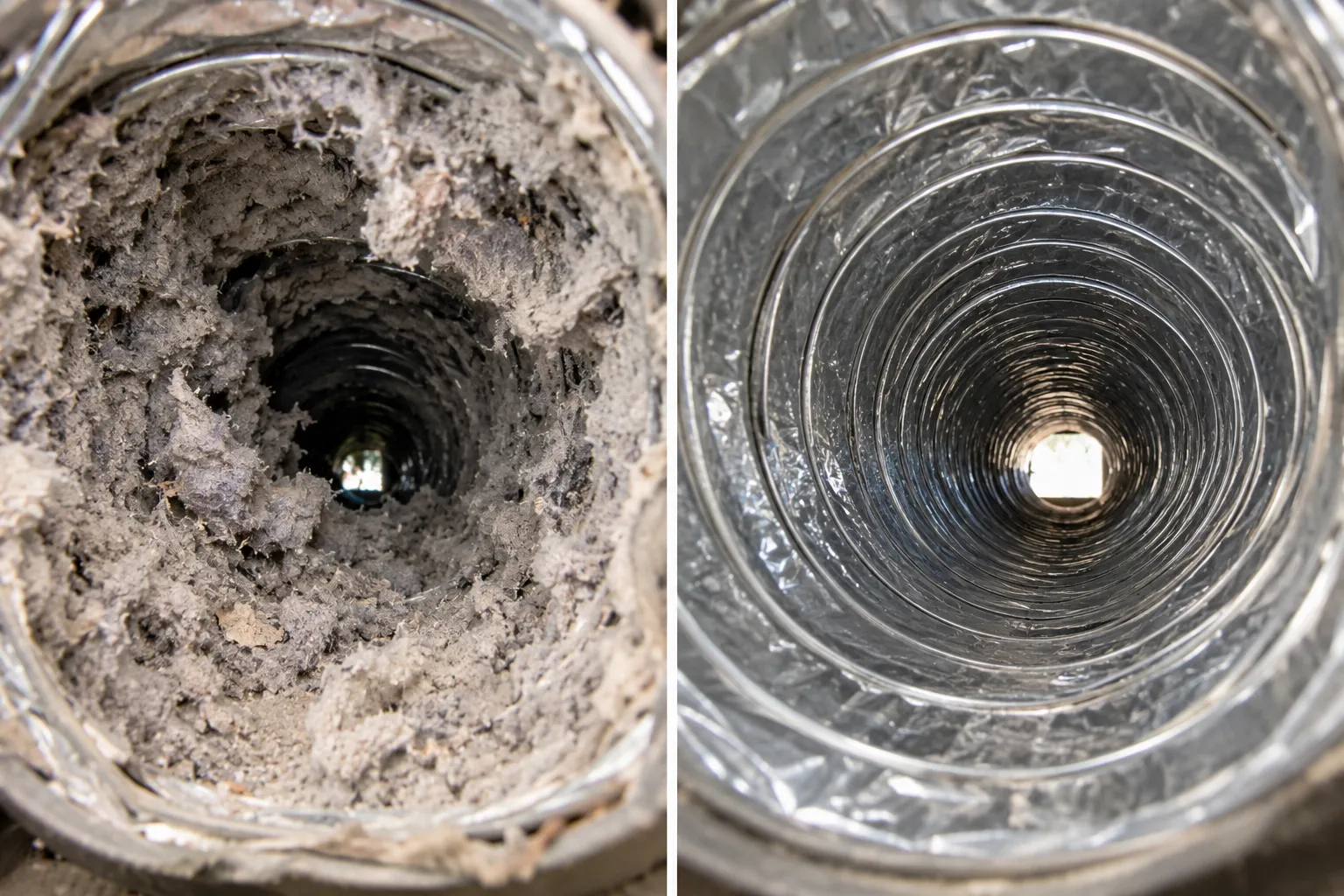 Illustration: a dryer vent hose packed with lint next to a clean vent hose