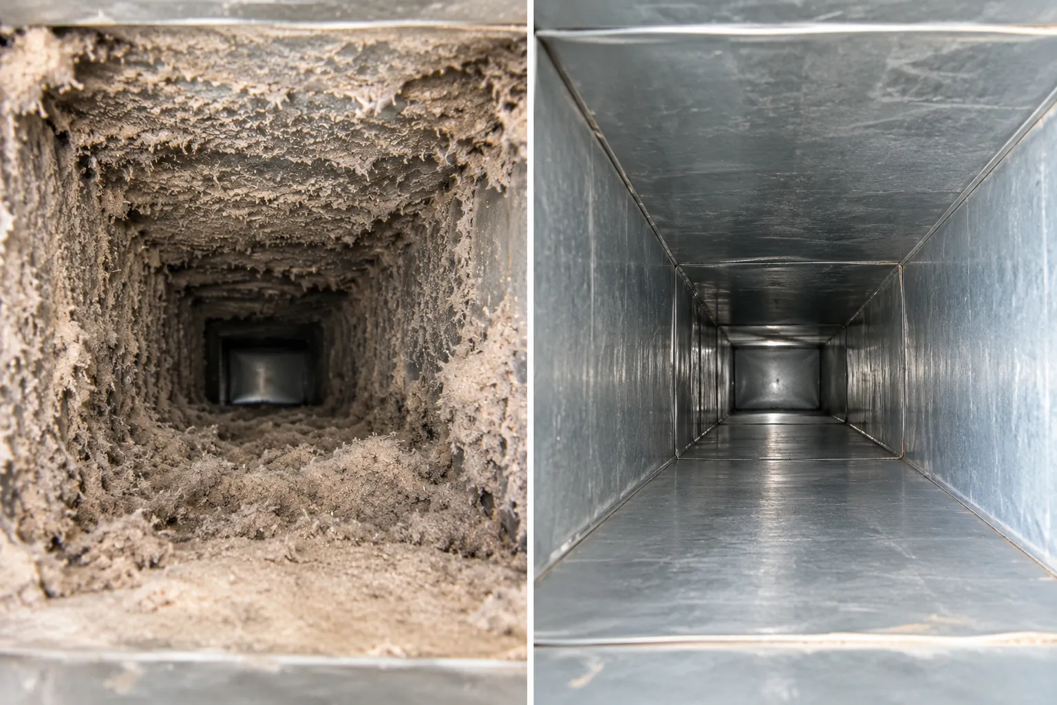 Illustration: a dusty air duct next to a clean metal duct